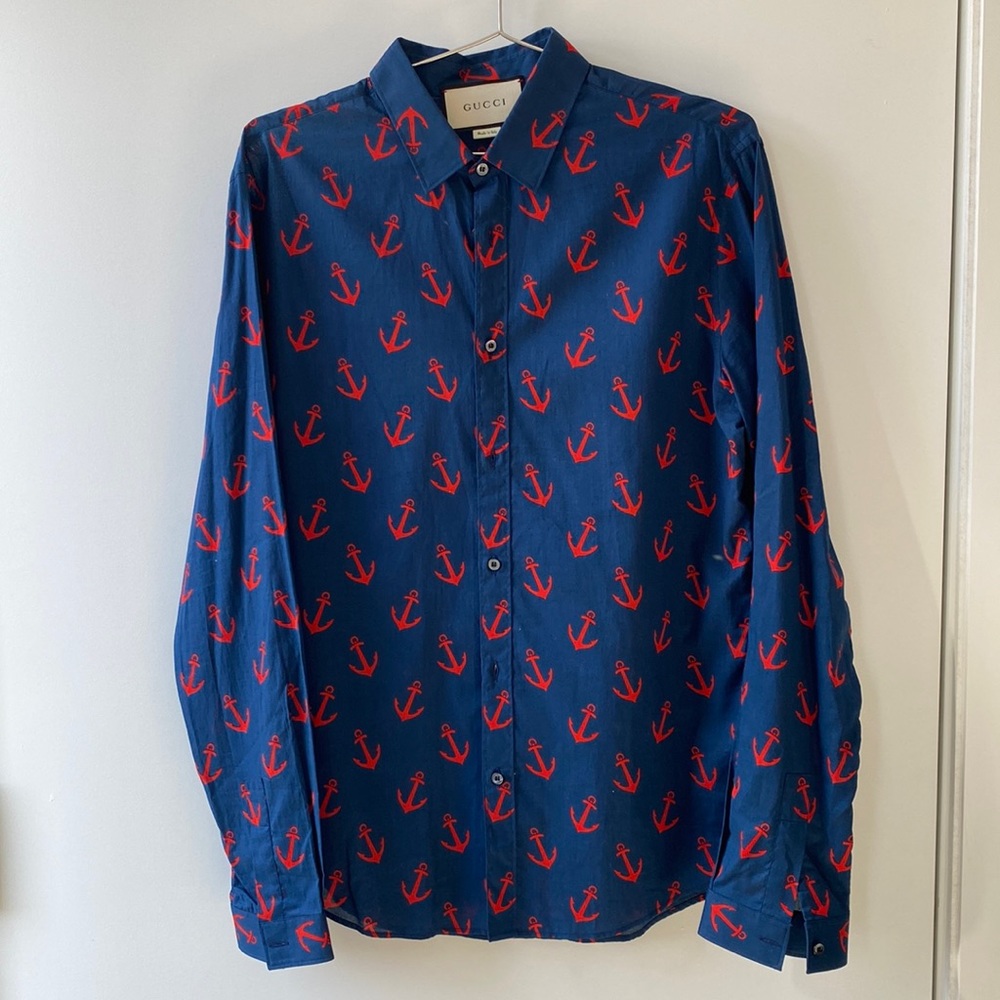 Gucci men’s medium (15.5) cotton blue anchor patterned button down NWT